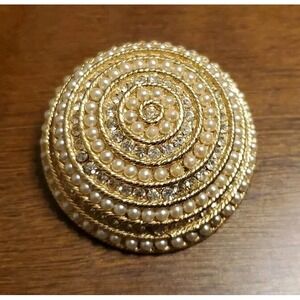 Faux Pearl and Rhinestone Pin Brooch Vintage Round Domed Gold Tone